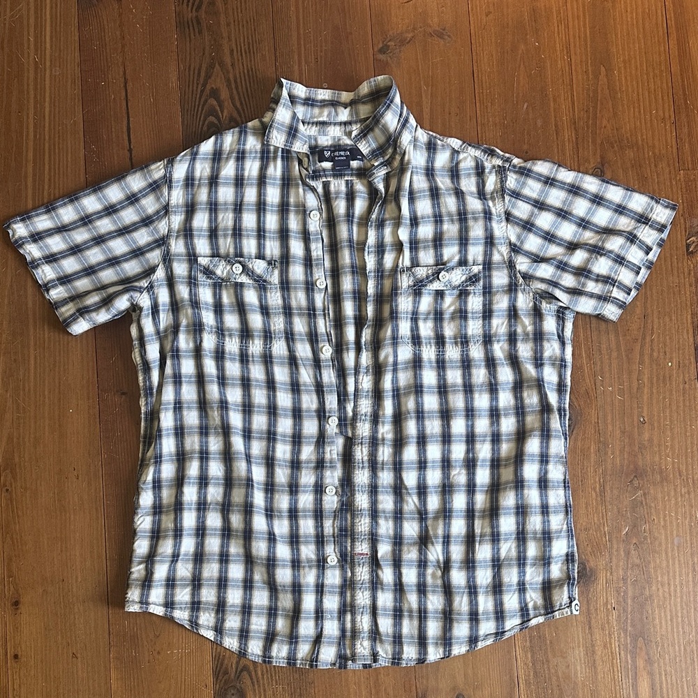 Cremieux Classics Navy Blue & White Plaid Button Down Casual Shirt, Large